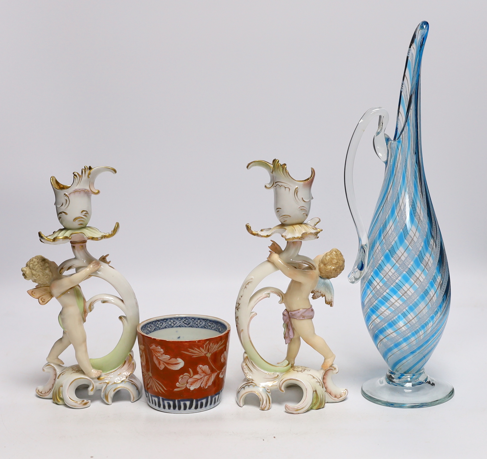 A group of mixed ceramics and glassware including an art glass jug, a leaf dish and a late 19th / early 20th century continental porcelain figures including Volkstedt, largest 32cm high
